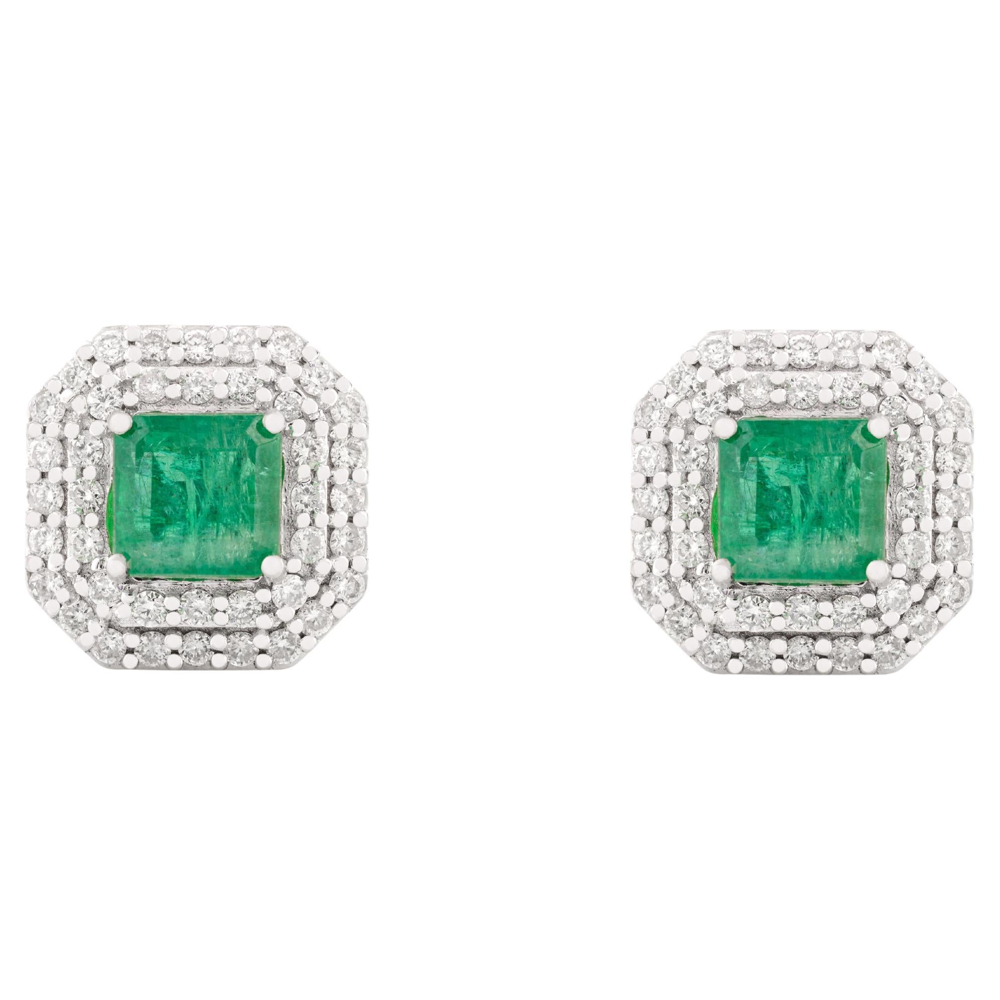 Natural Emerald Halo Diamond Stud Earrings for Women in 14k Solid White Gold