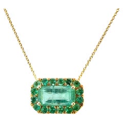 Natural Emerald Halo Necklace 18" 14k Gold 7.0 TCW Certified