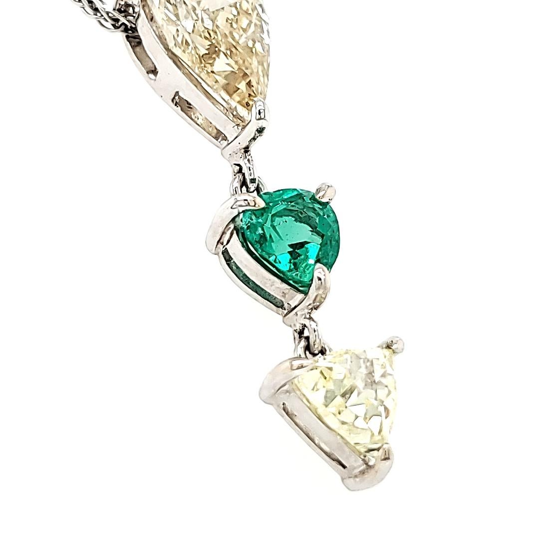 Emerald Cut Natural Emerald Heart and Diamond Drop Necklace with 18k White Gold Chain For Sale