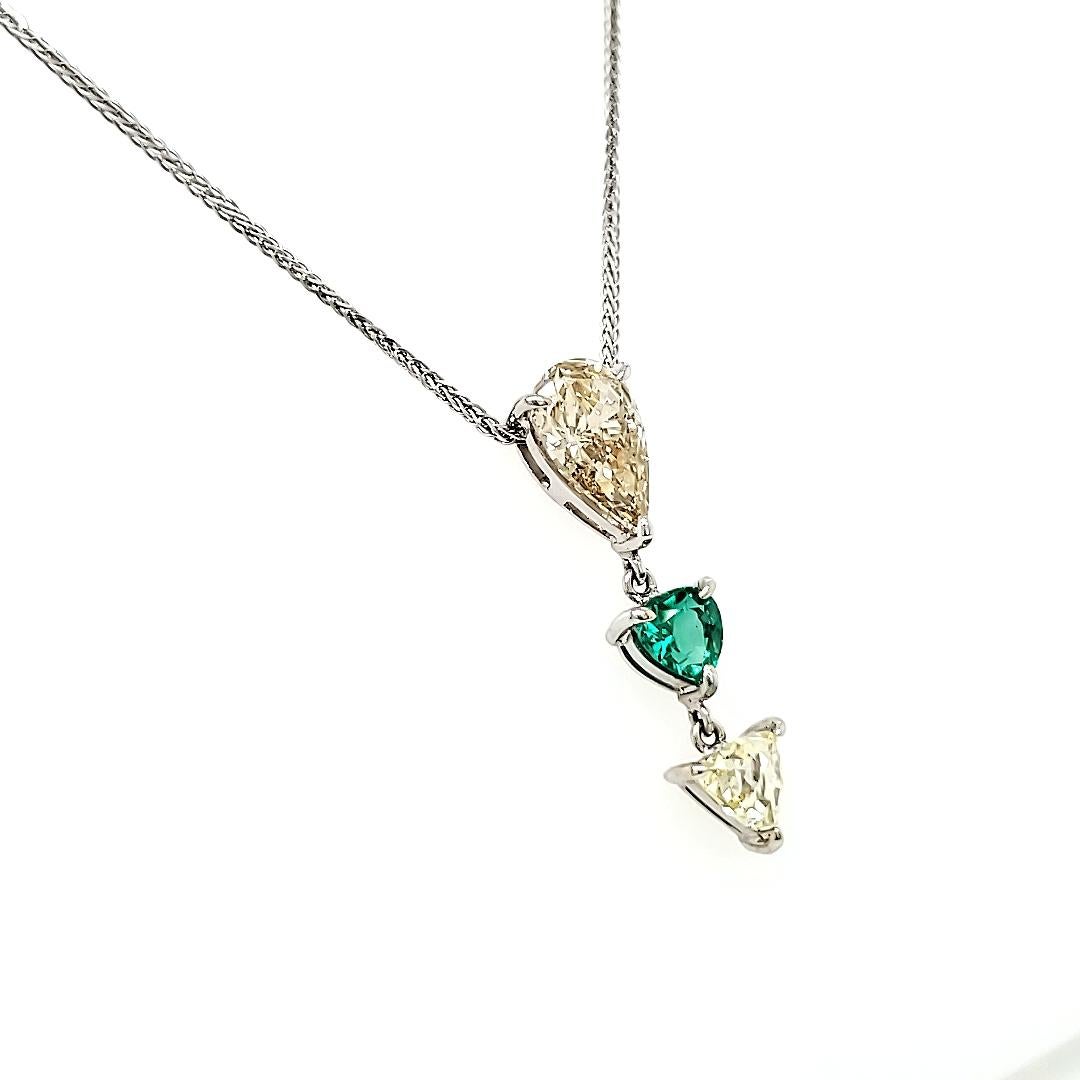 Women's Natural Emerald Heart and Diamond Drop Necklace with 18k White Gold Chain For Sale