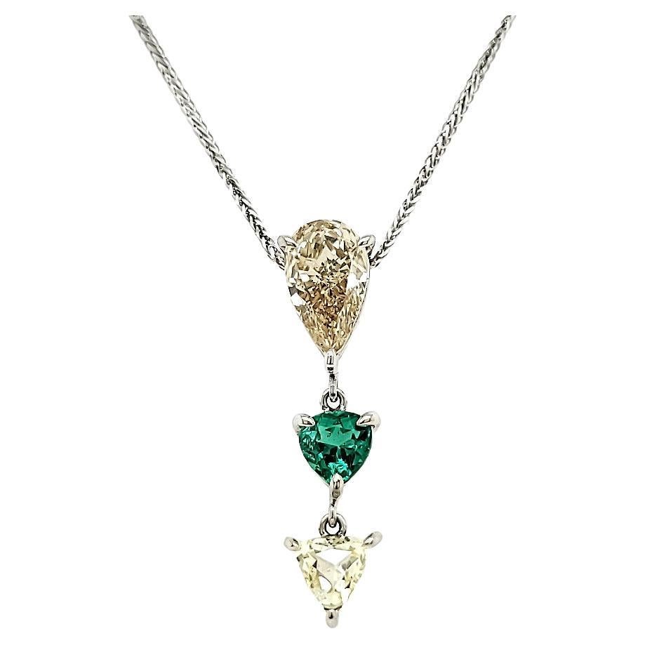 Natural Emerald Heart and Diamond Drop Necklace with 18k White Gold Chain For Sale