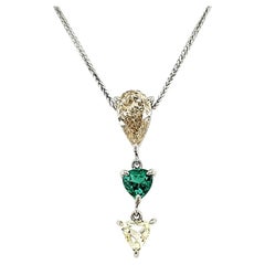 Natural Emerald Heart and Diamond Drop Necklace with 18k White Gold Chain