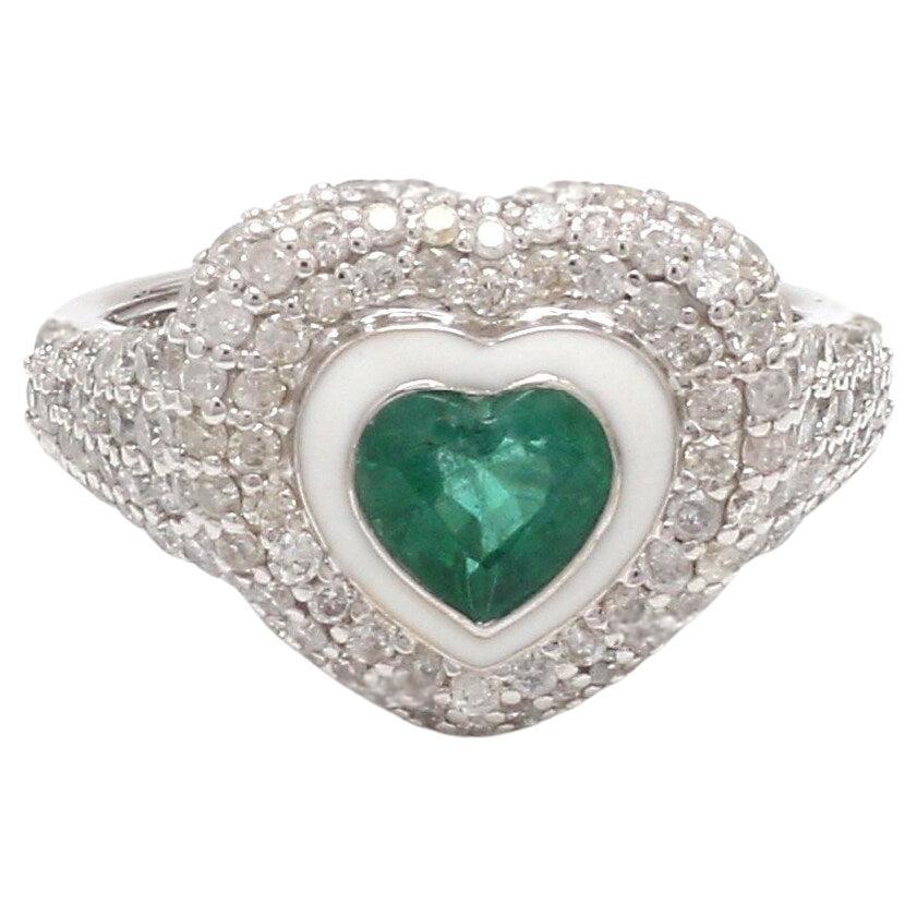 Natural Emerald heart diamond ring in 14K gold
