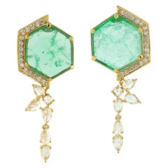 Natural Emerald Hexagon Diamond Drop Earrings 18K Yellow Gold