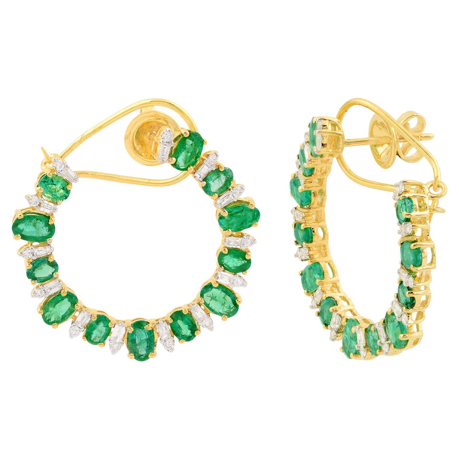 Pendientes Aros Esmeralda Natural SI Claridad HI Color Diamante Pave Oro Amarillo 18k