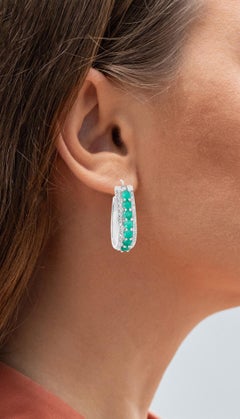 Natural Emerald Hoop Earrings With Diamonds 3.38 Carats Sterling Silver