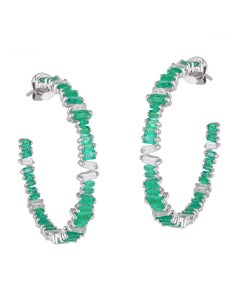 Natural Emerald & Diamond Hoop Earrings in 18K Gold