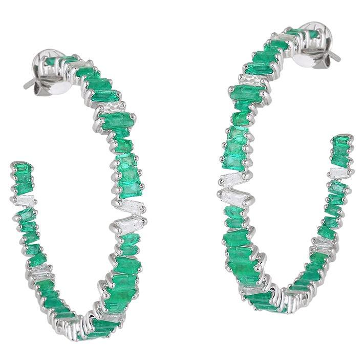 Natural Emerald Hoop Gold Earrings in 18K