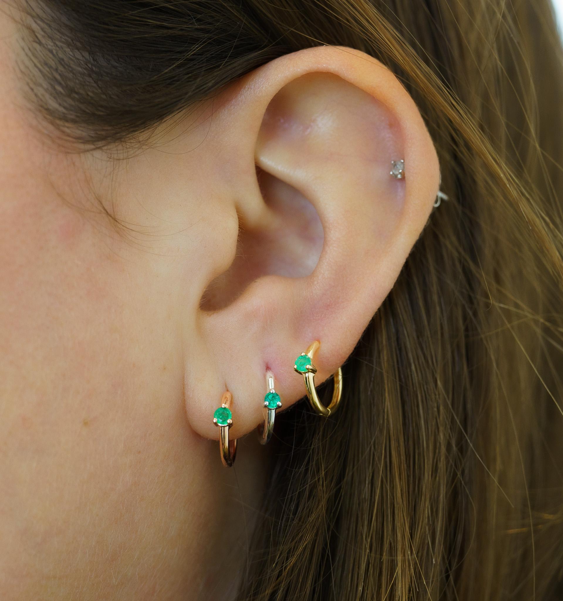 Round Cut Natural Emerald Huggie Earrings in 14K Yellow Gold With Multi Placement For Sale