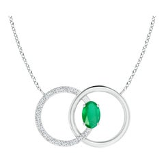 Natural Emerald Interlocking Circle Necklace with Diamond in 14K White Gold