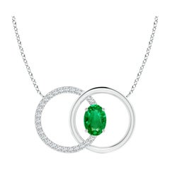 Natural Emerald Interlocking Circle Necklace with Diamond in 14K White Gold
