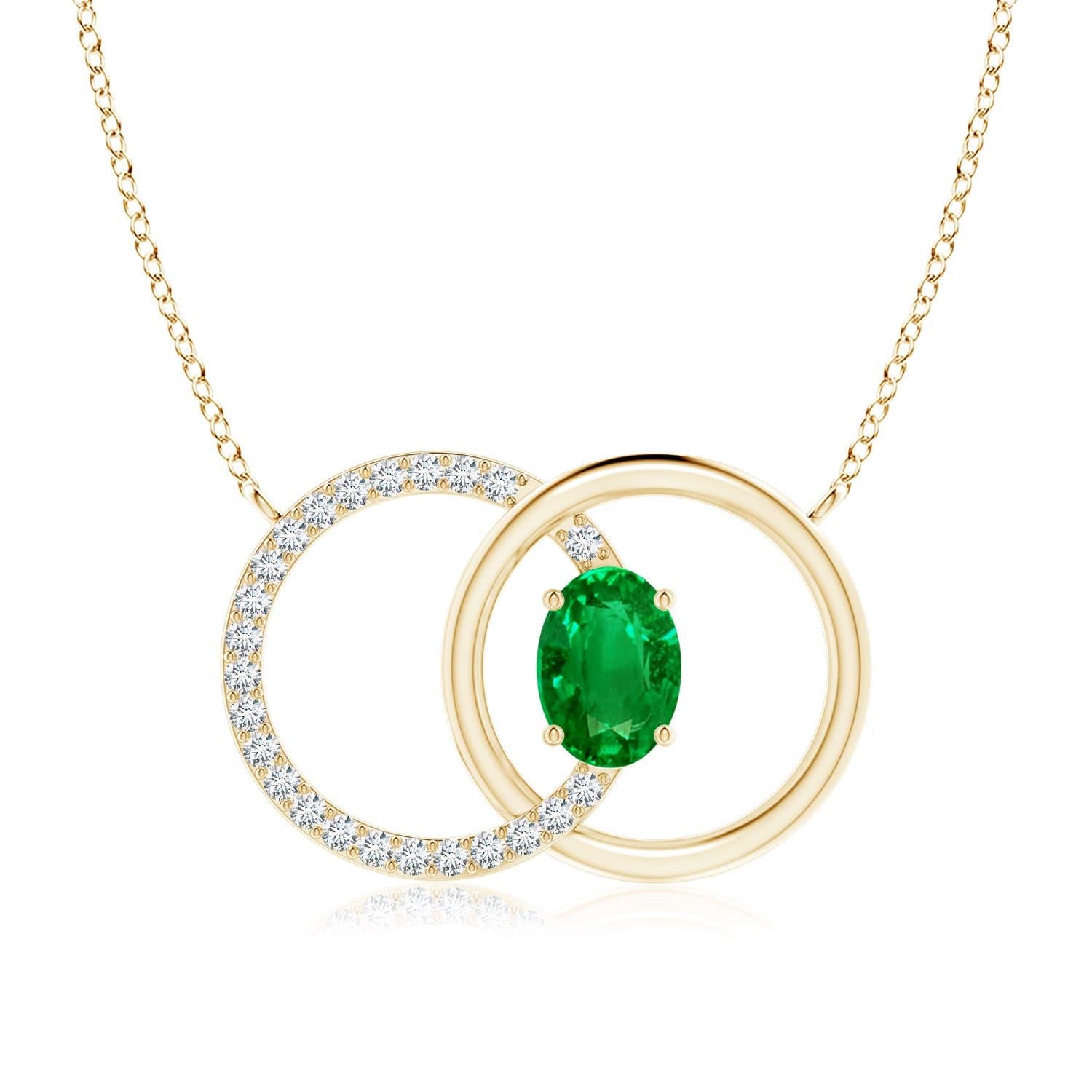 Natural Emerald Interlocking Circle Necklace with Diamond in 14K Yellow Gold