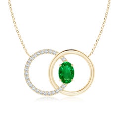 Natural Emerald Interlocking Circle Necklace with Diamond in 14K Yellow Gold