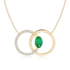Natural Emerald Interlocking Circle Necklace with Diamond in 14K Yellow Gold