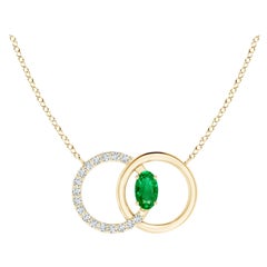 Natural Emerald Interlocking Circle Necklace with Diamond in 14K Yellow Gold