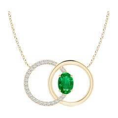 Natural Emerald Interlocking Circle Necklace with Diamond in 14K Yellow Gold
