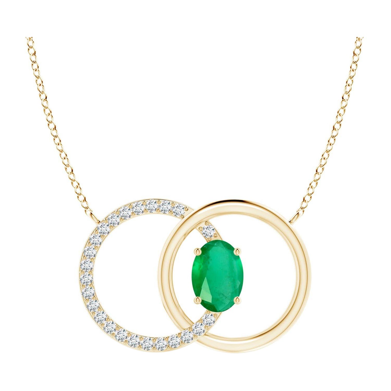 Natural Emerald Interlocking Circle Necklace with Diamond in 14K Yellow Gold