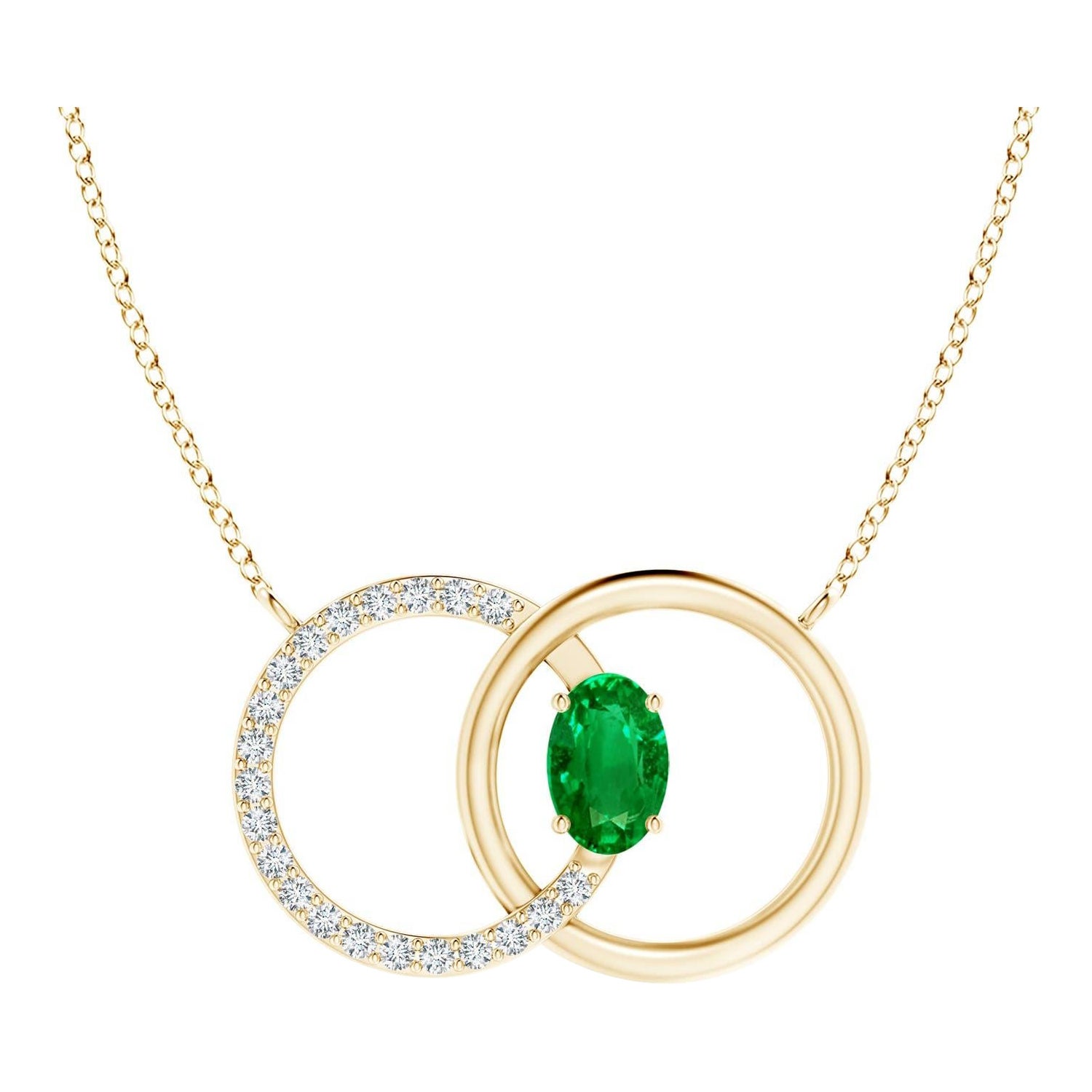 Natural Emerald Interlocking Circle Necklace with Diamond in 14K Yellow Gold