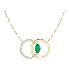 Natural Emerald Interlocking Circle Necklace with Diamond in 14K Yellow Gold