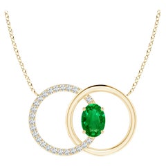 Natural Emerald Interlocking Circle Necklace with Diamond in 14K Yellow Gold