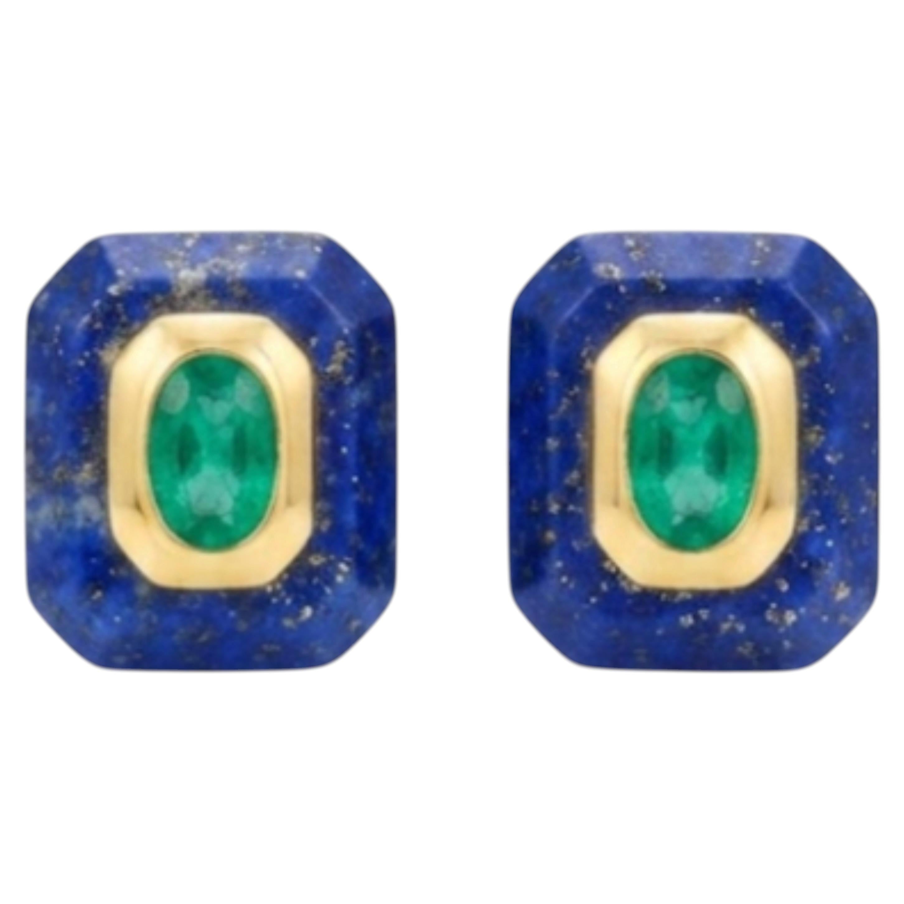 Emerald and Lapis Gemstone Stud Earrings in 14K Gold, New Design