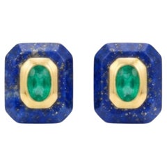 Ohrstecker mit Smaragd- und Lapislazuli-Edelsteinen in 14-karätigem Gold, neues Design