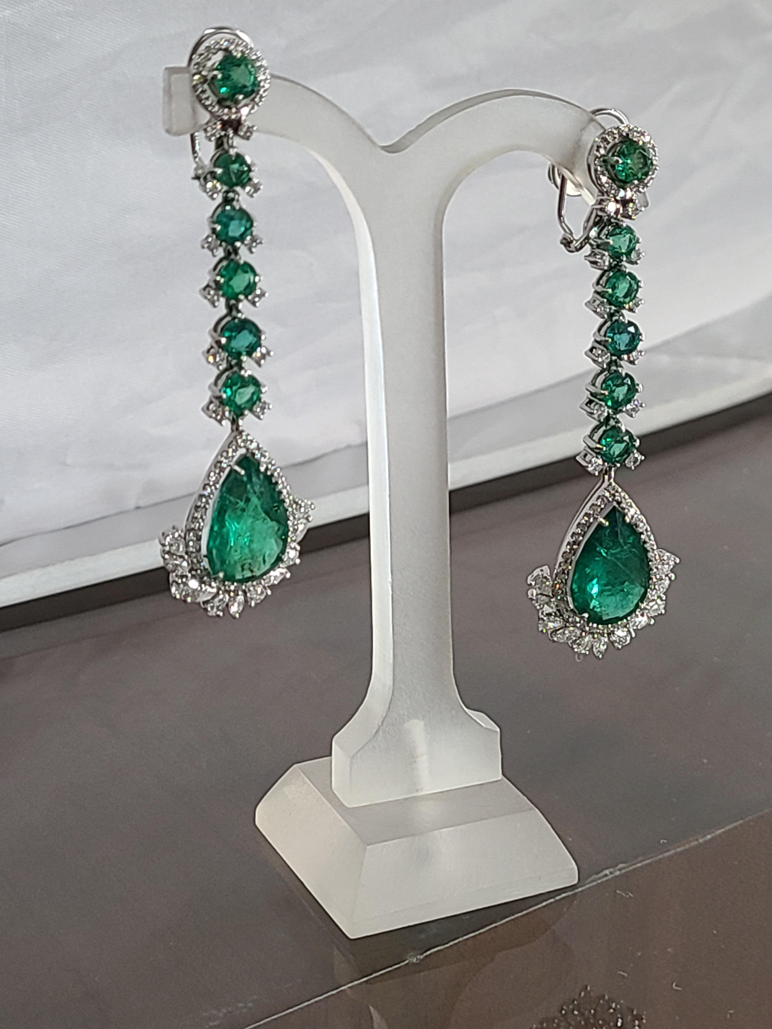 Pear Cut Natural Emerald Long Earrings Set in 18 Karat Gold with Diamonds