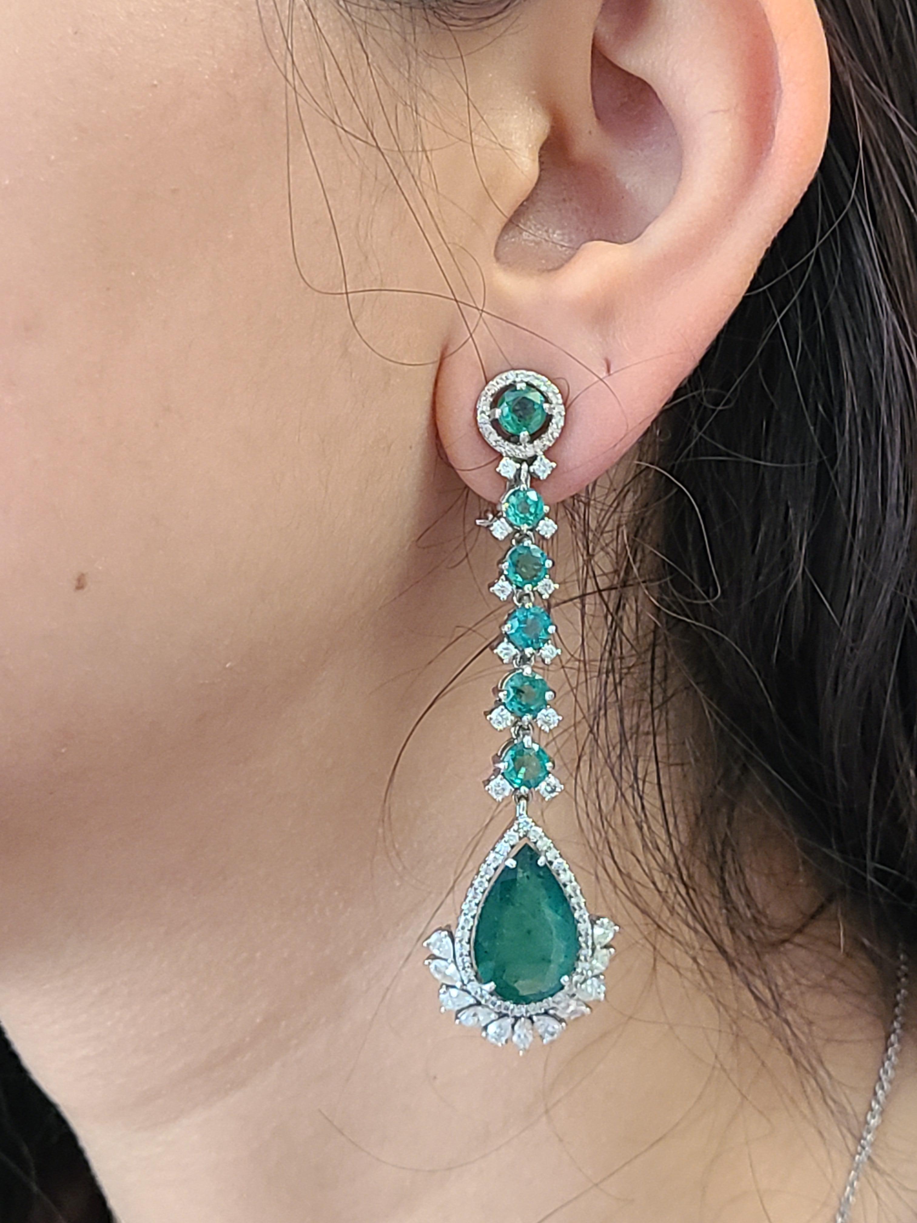 Natural Emerald Long Earrings Set in 18 Karat Gold with Diamonds 1