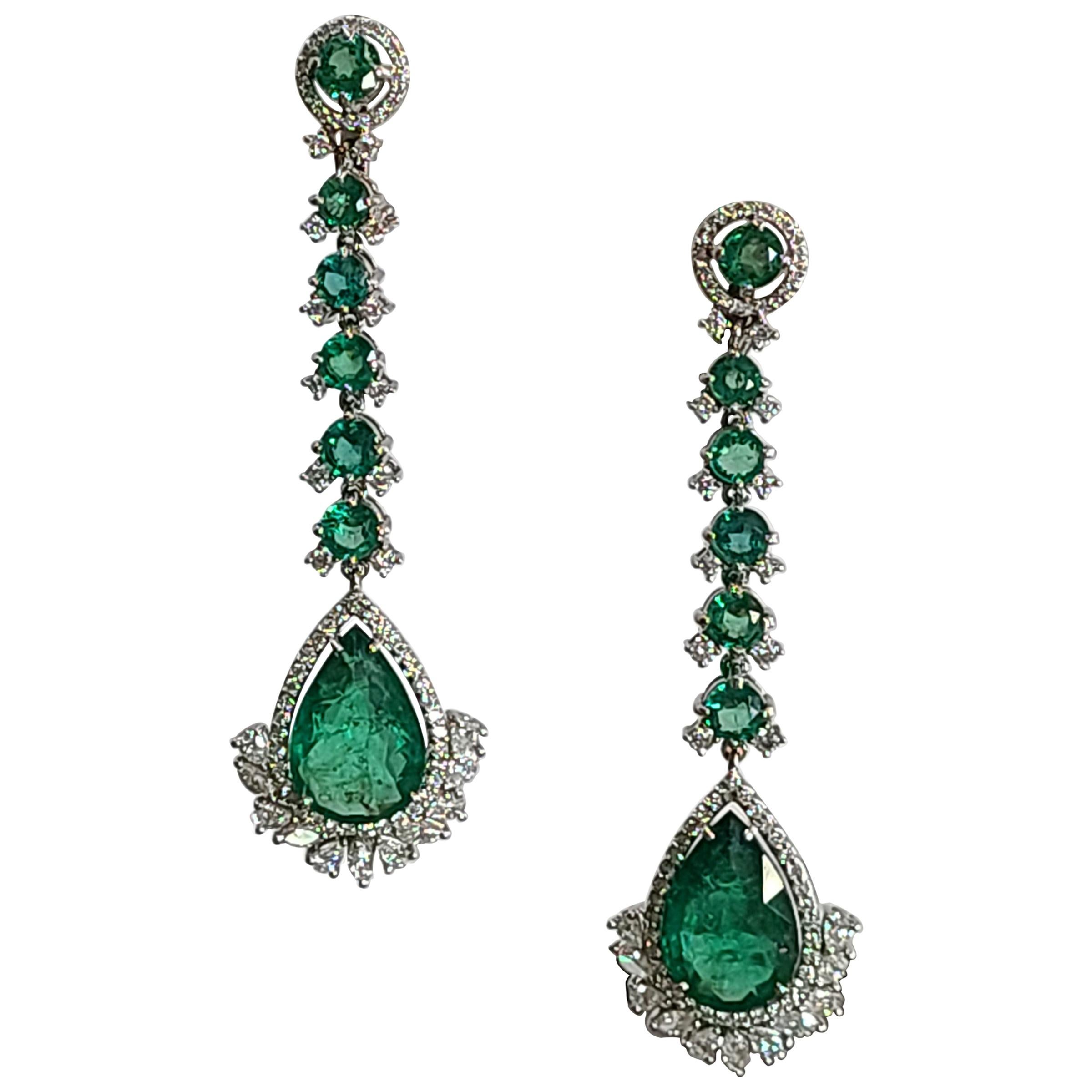 Natural Emerald Long Earrings Set in 18 Karat Gold with Diamonds