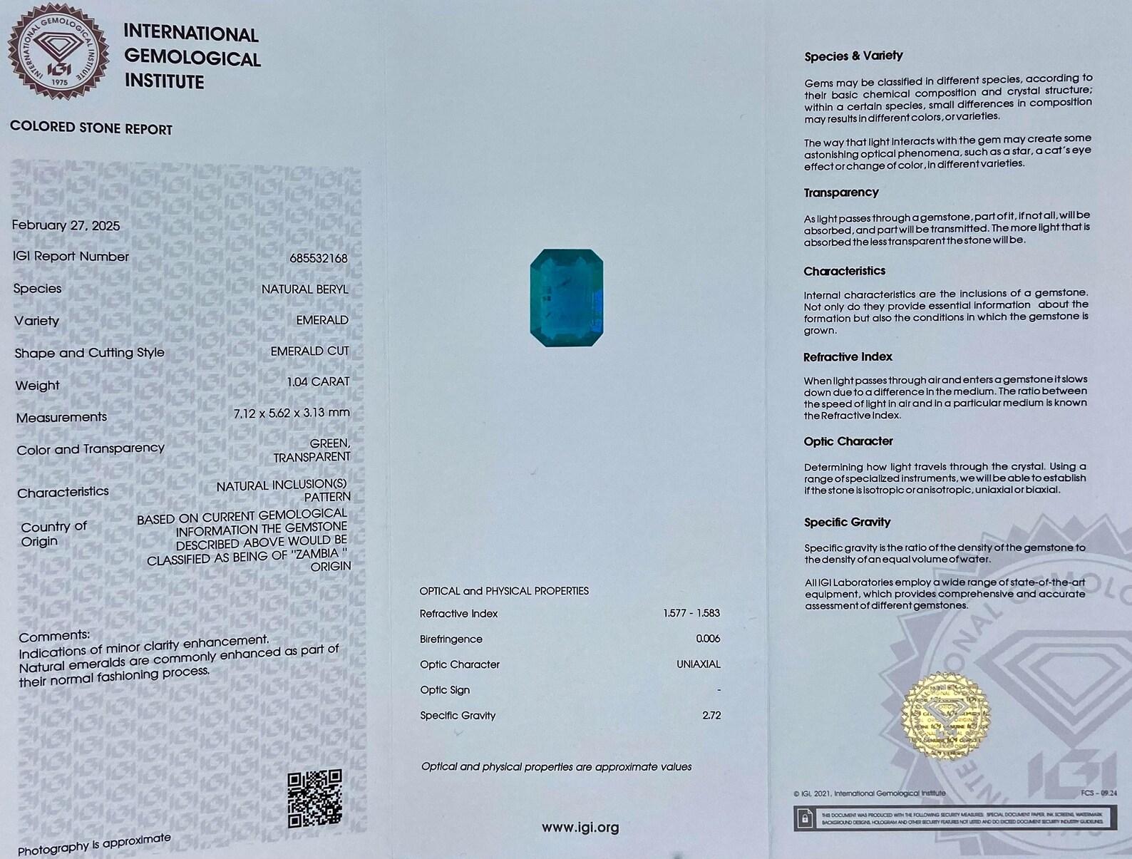 Natürlicher Smaragd lose Edelstein 1.04 ct, Smaragdschliff, Herkunft Sambia, Zertifikat im Angebot 2