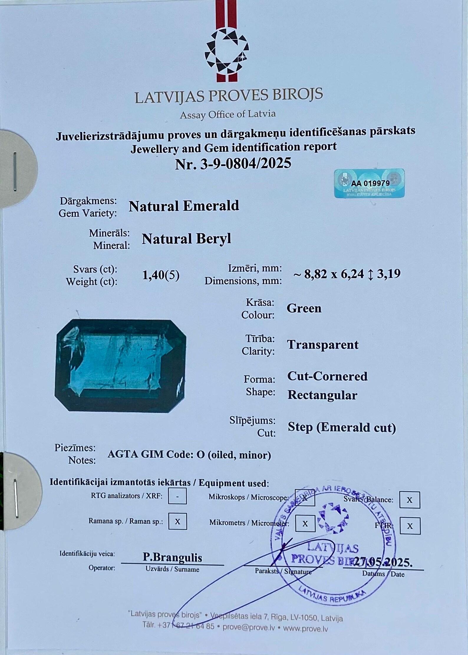 Gemma sciolta di smeraldo naturale da 1.40 ct., taglio smeraldo, Origine Zambia, Certificato in vendita 1