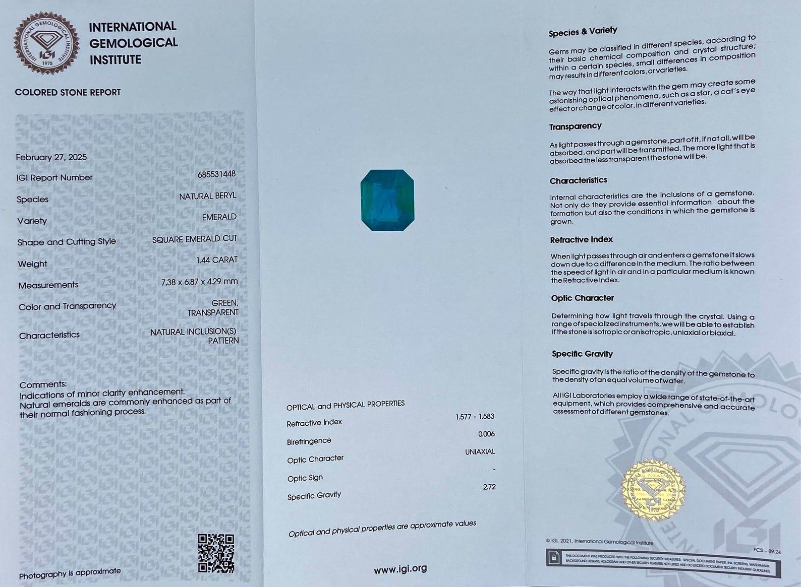 Natürlicher Smaragd lose Edelstein 1,44ct, Smaragdschliff, Herkunft Sambia, Zertifikat im Zustand „Neu“ im Angebot in Daugavpils, LV