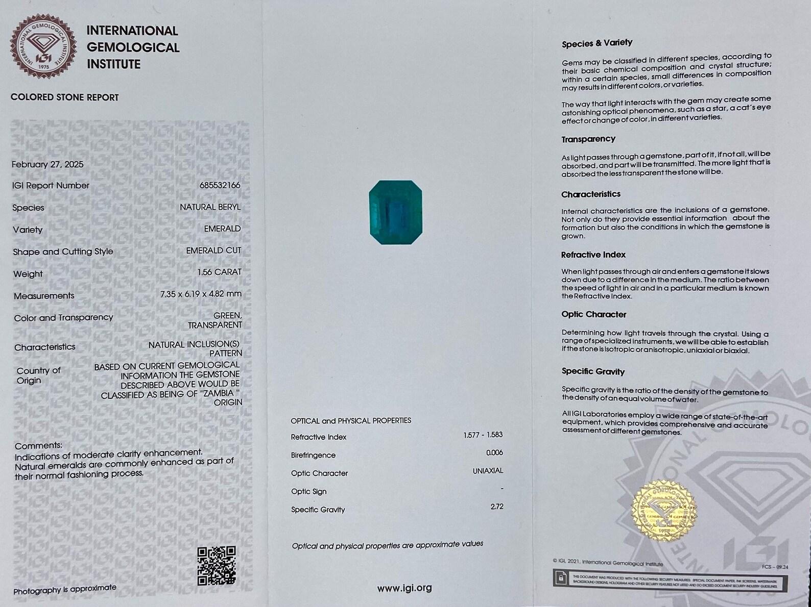 Natürlicher Smaragd lose Edelstein 1.56 ct, Smaragdschliff, Herkunft Sambia, Zertifikat im Angebot 1