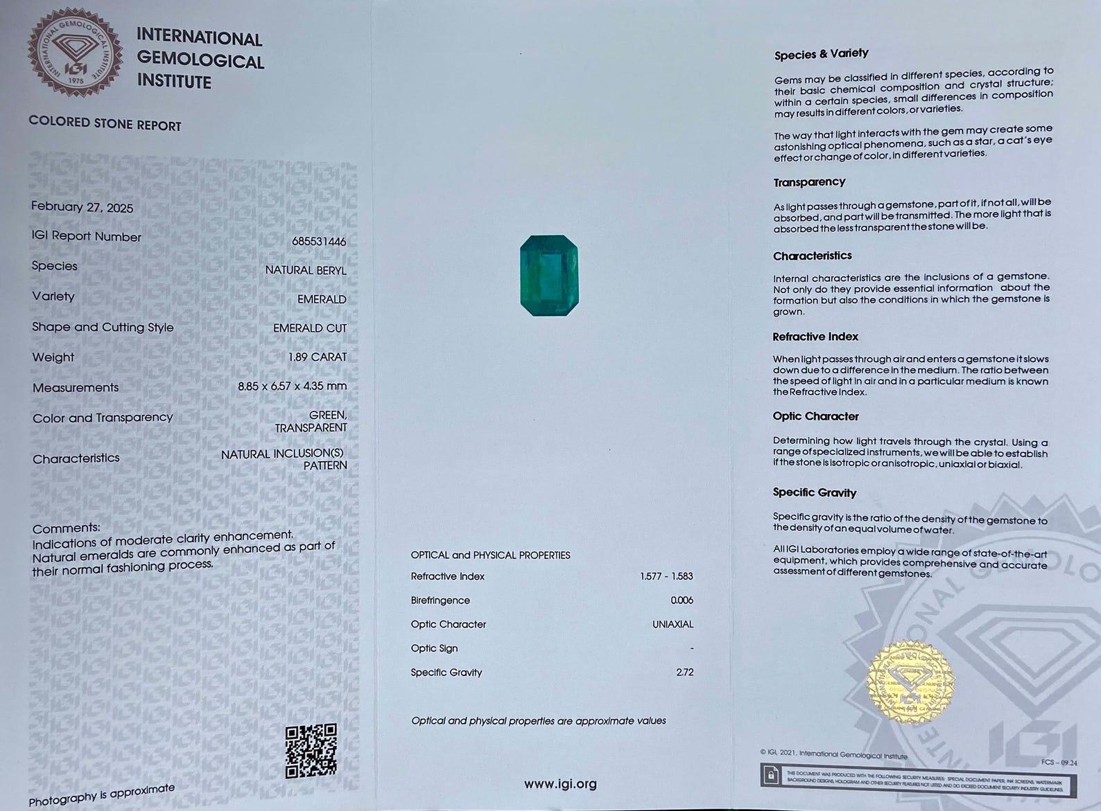 Natürlicher Smaragd lose Edelstein 1.89ct, Smaragdschliff, Herkunft Sambia, Zertifikat im Zustand „Neu“ im Angebot in Daugavpils, LV