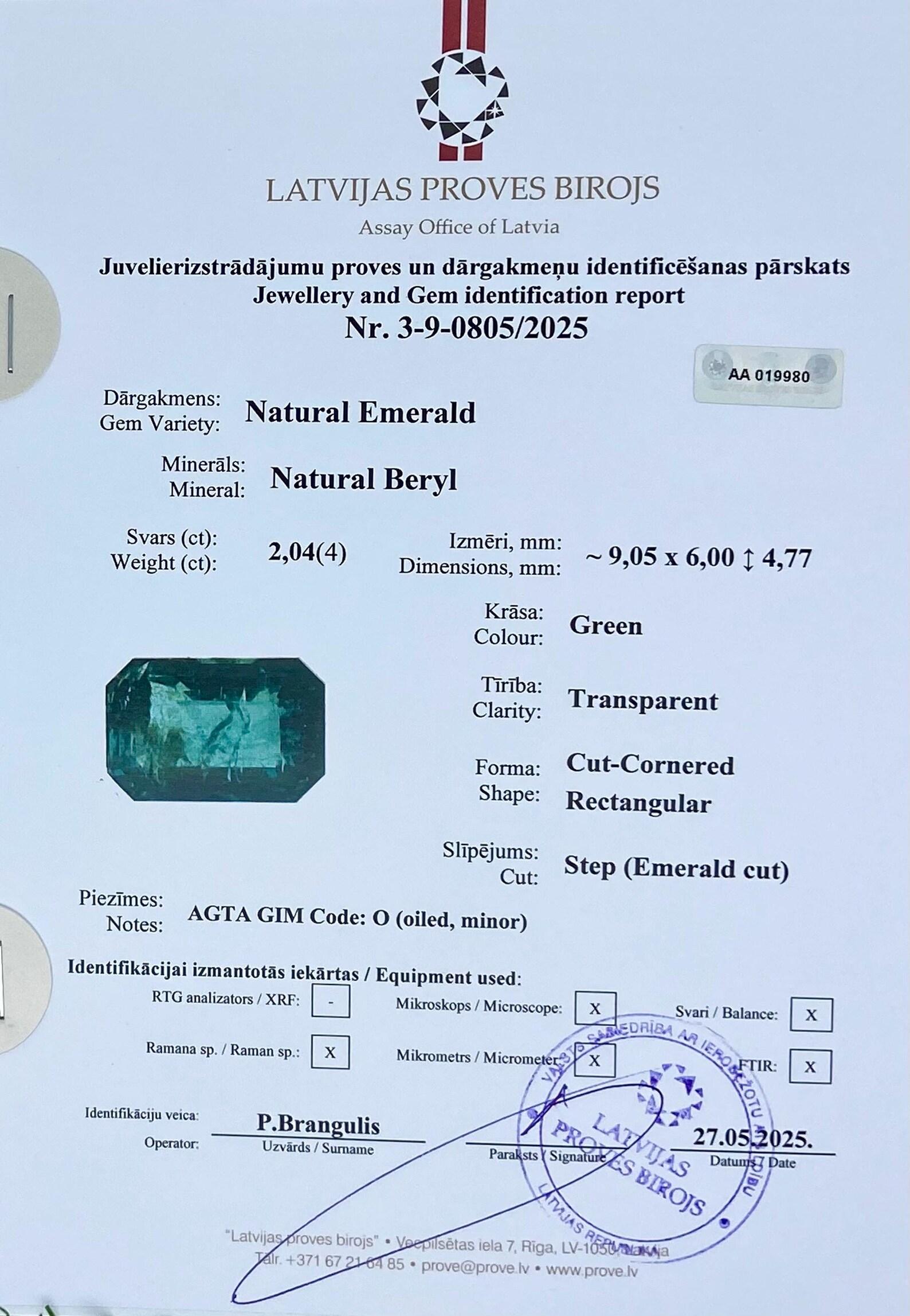 Natural Emerald loose gemstone 2.04 ct., emerald cut, Origin Zambia, Certificate en venta 6