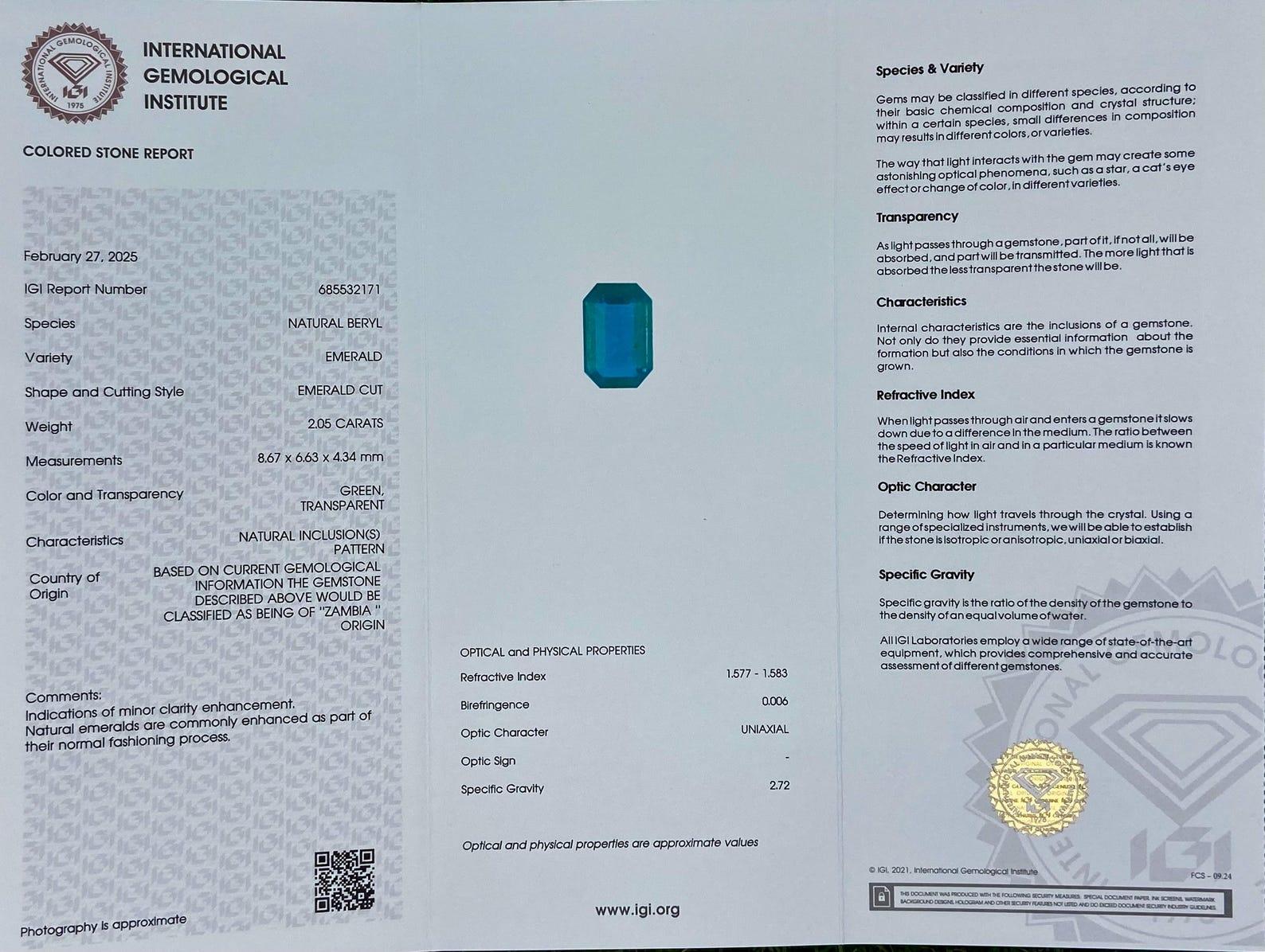 Esmeralda natural gema suelta 2,05 ct., talla esmeralda, Origen Zambia, Certificado en Nuevo estado para la venta en Daugavpils, LV