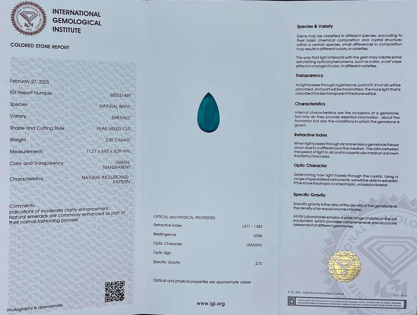 Natürlicher Smaragd lose Edelstein 2,09 ct, Birnenschliff, Herkunft Sambia, Zertifikat! (Tropfenschliff) im Angebot