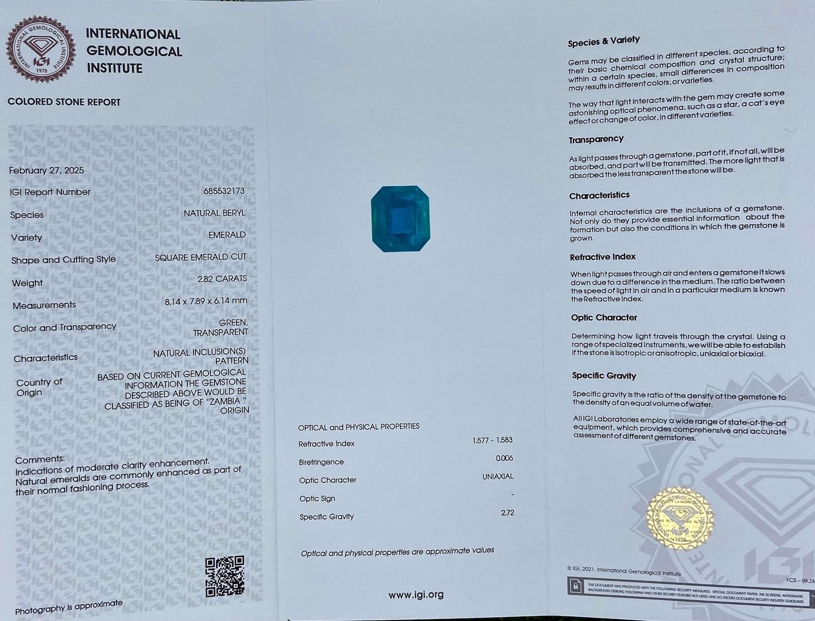 Natürlicher Smaragd lose Edelstein 2.82 ct, Smaragdschliff, Herkunft Sambia, Zertifikat im Zustand „Neu“ im Angebot in Daugavpils, LV