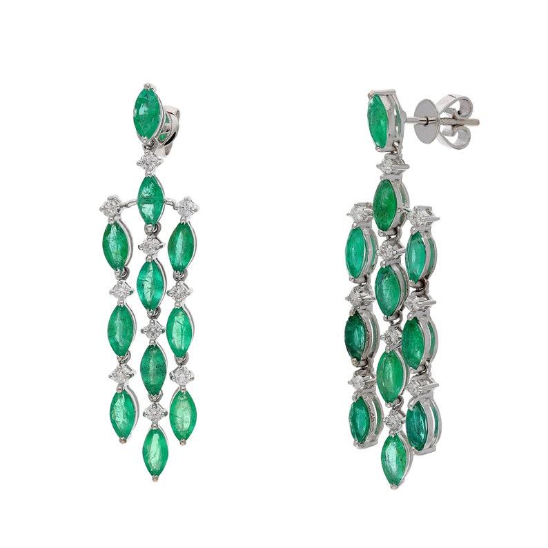 Contemporary Natural Emerald Marquise Cut Art Deco Earrings Gold, 18k White Gold Diamond