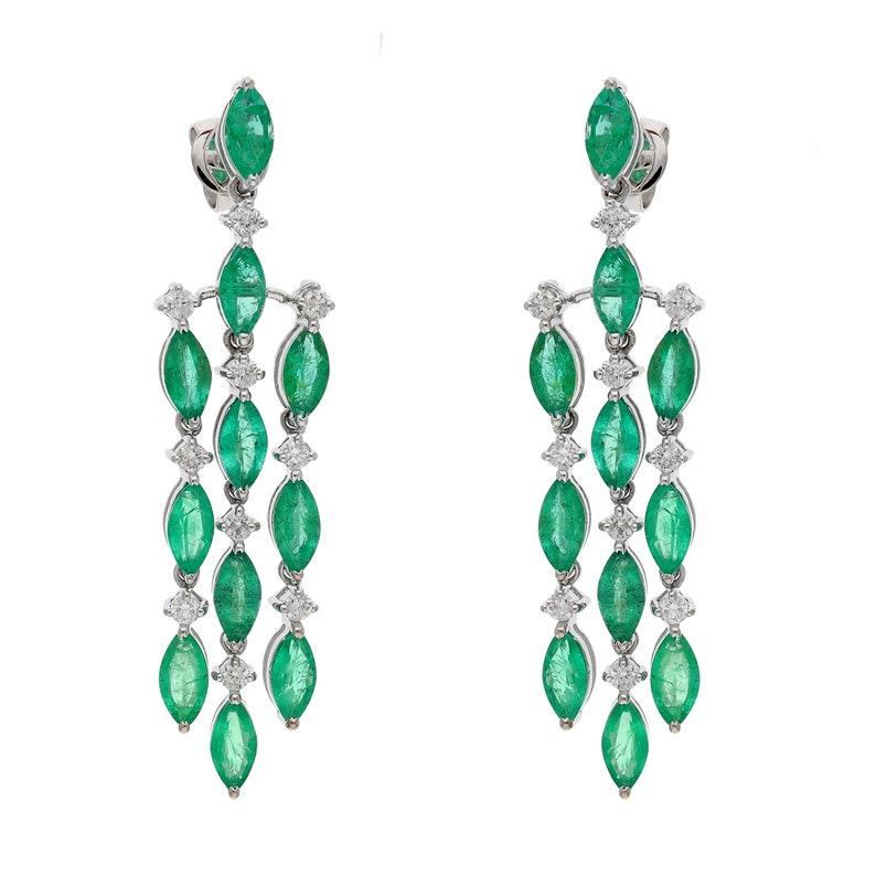 Women's Natural Emerald Marquise Cut Art Deco Earrings Gold, 18k White Gold Diamond