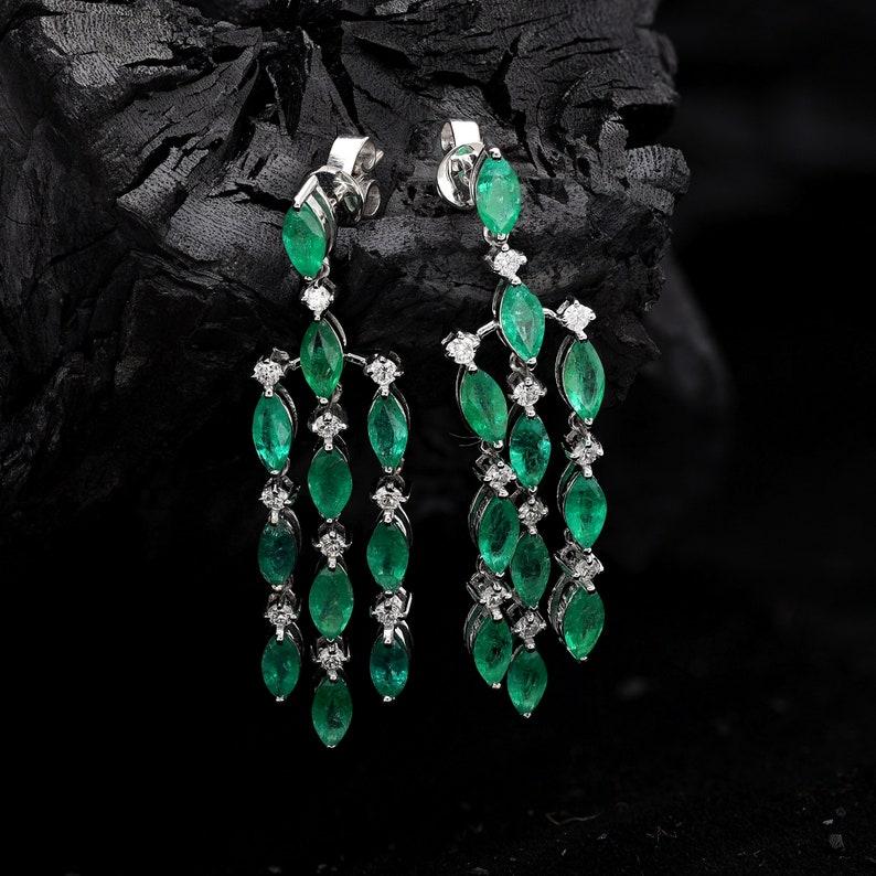 Natural Emerald Marquise Cut Art Deco Earrings Gold, 18k White Gold Diamond 1