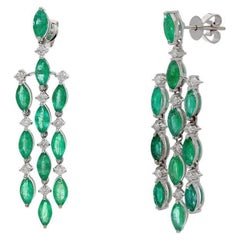 Natural Emerald Marquise Cut Art Deco Earrings Gold, 18k White Gold Diamond