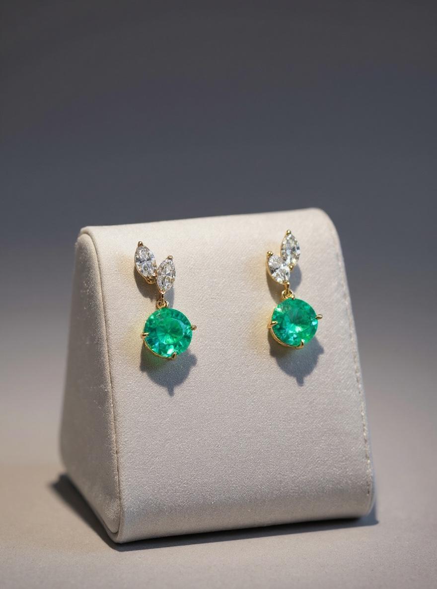 Pendientes Colgantes de Esmeralda Natural y Diamante Marquesa - 2,11 ct tw. Oro 18kt Corte brillante en venta