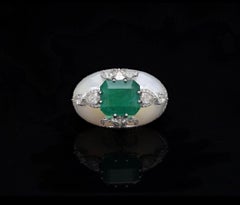 Handmade 18K White Gold Emerald and Mother of Pearl Diamond Ring
