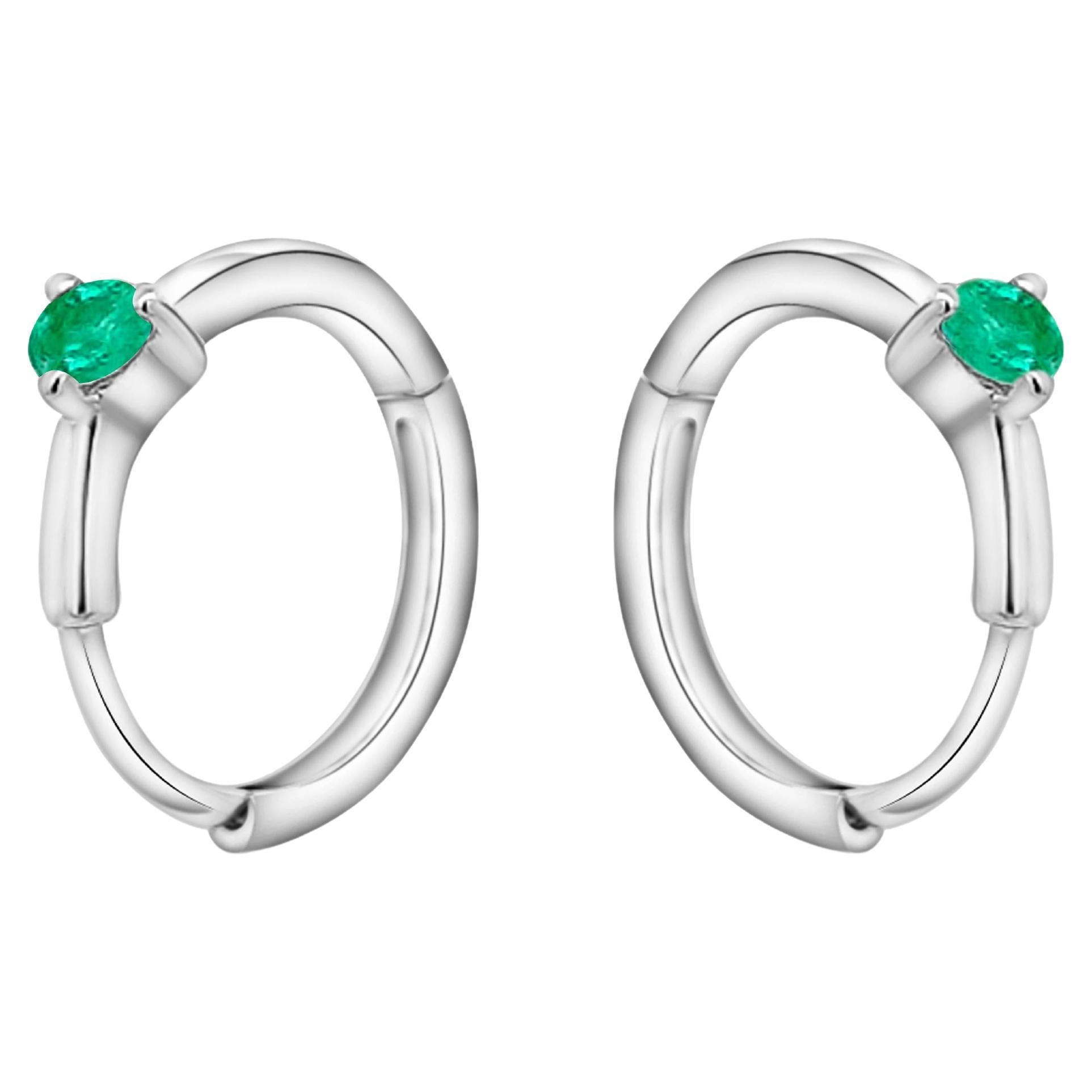 Natural Emerald Multi Placement Huggie Earrings In 14K Solid White Gold For Sale