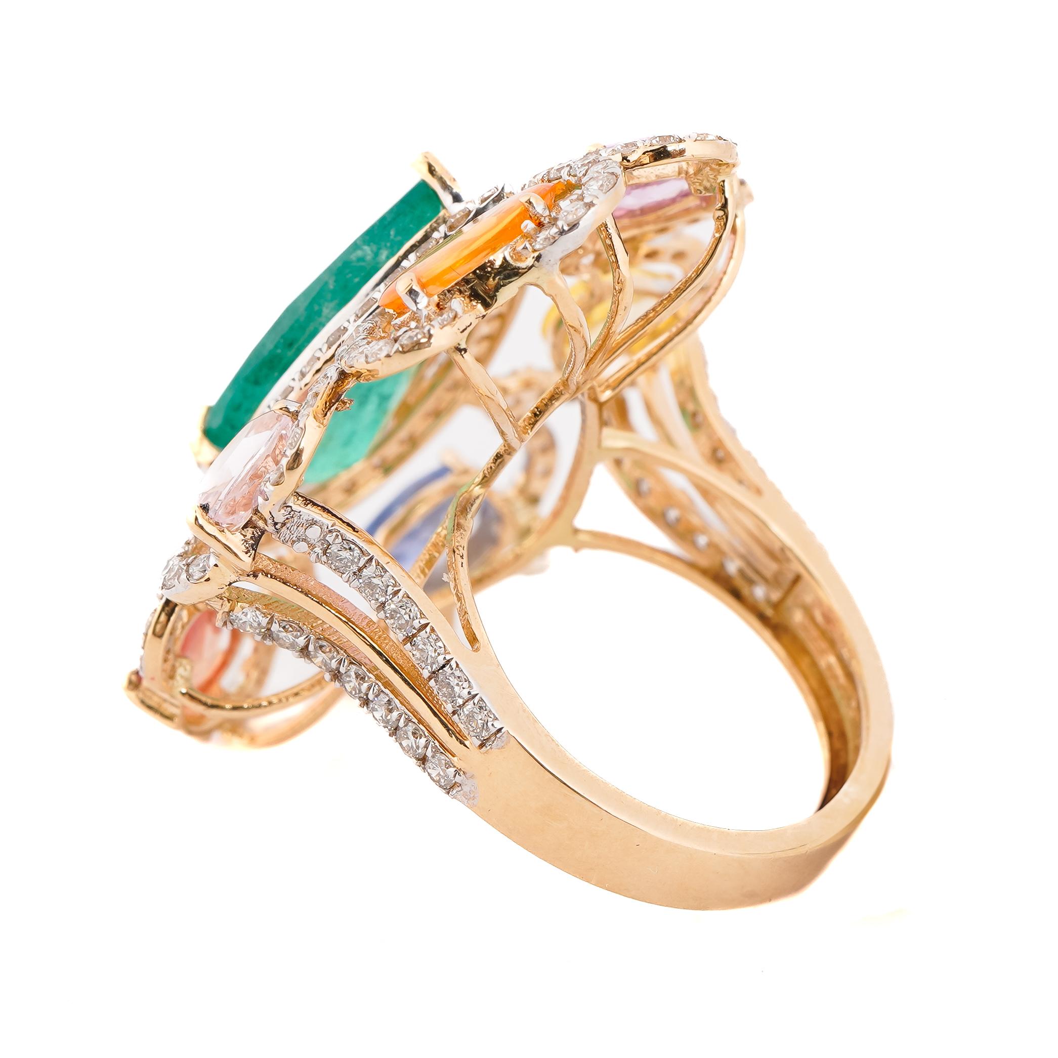 Emerald Cut Natural Emerald & Multi sapphire & diamond Ring in 14k gold For Sale
