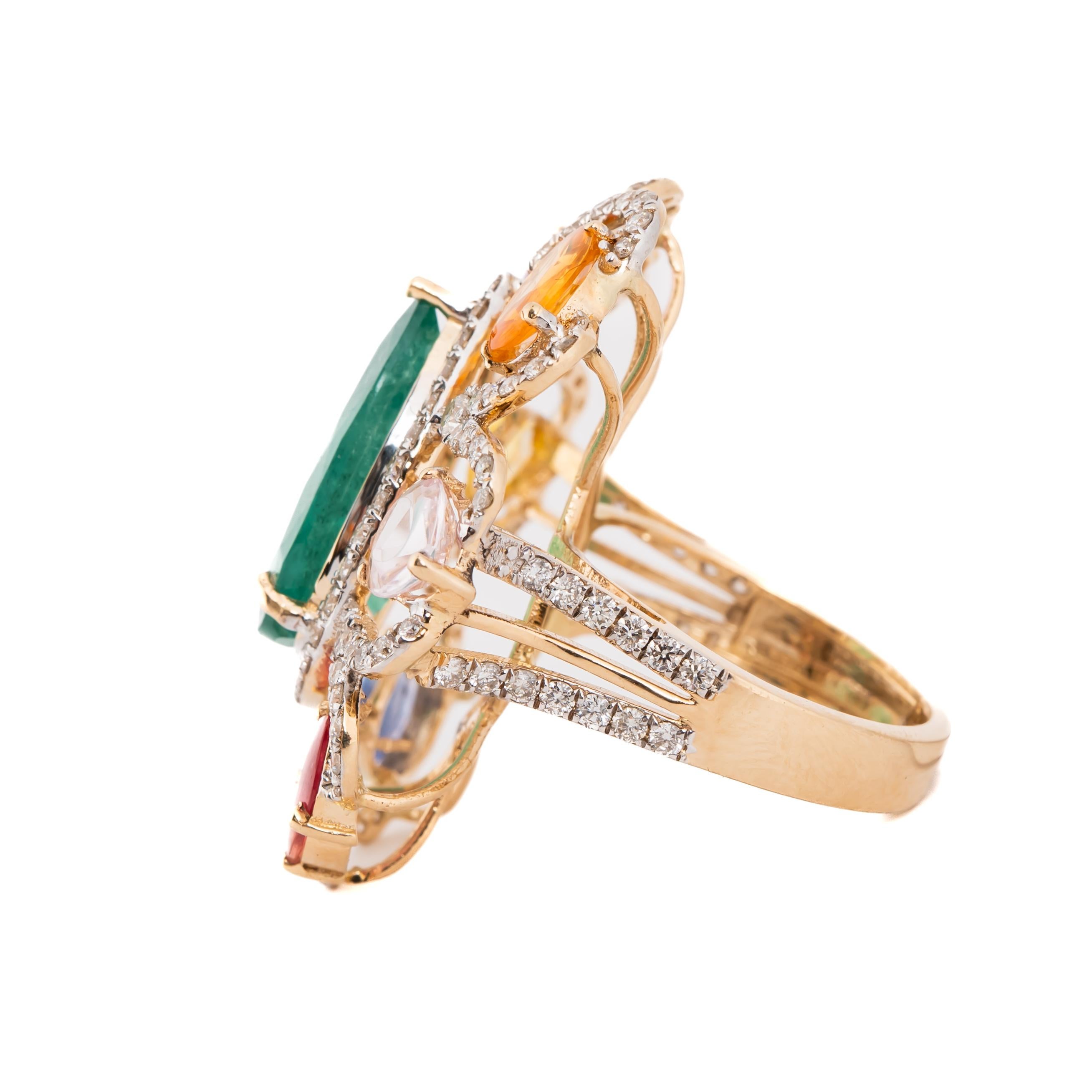 Natural Emerald & Multi sapphire & diamond Ring in 14k gold In New Condition For Sale In jaipur, IN