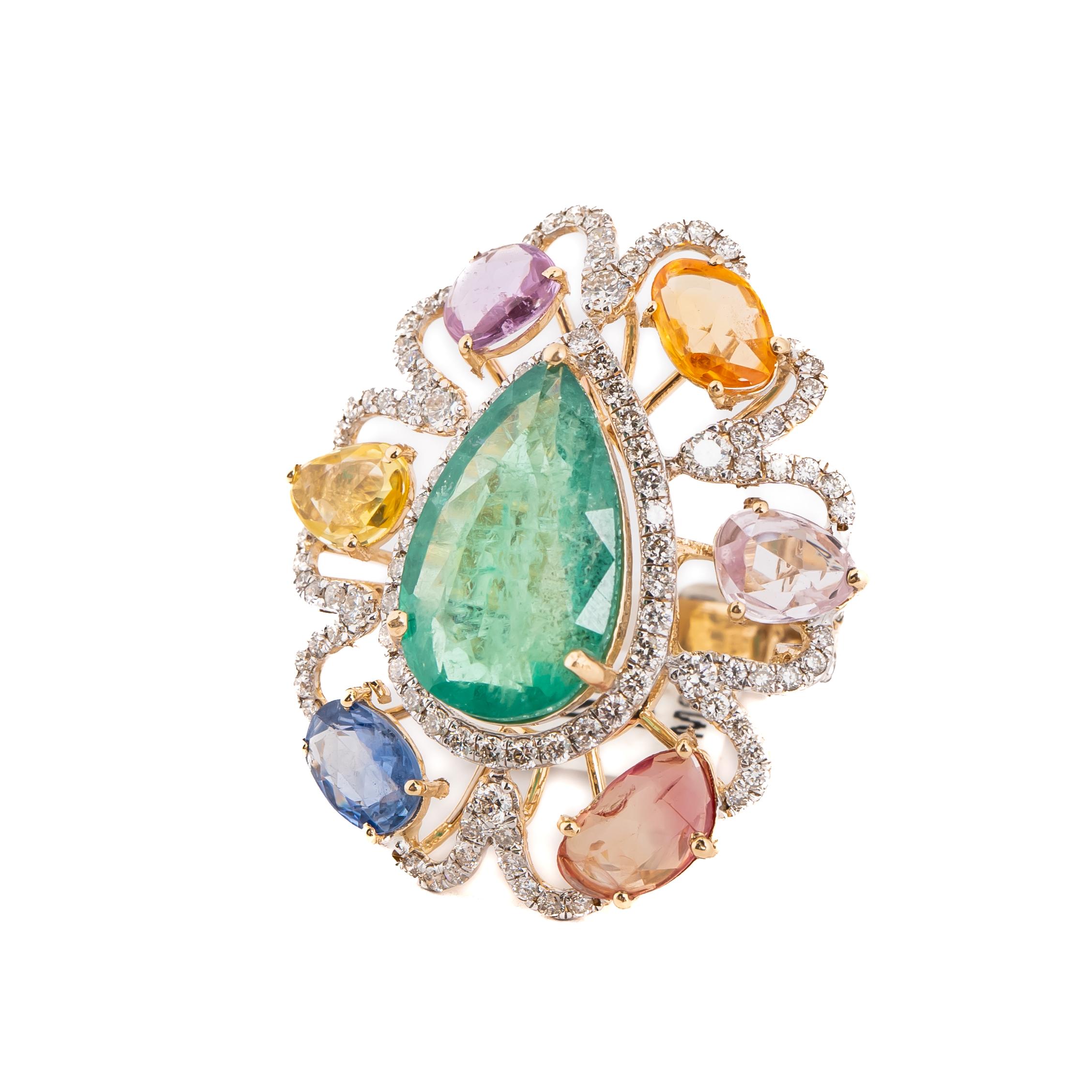 Women's Natural Emerald & Multi sapphire & diamond Ring in 14k gold For Sale