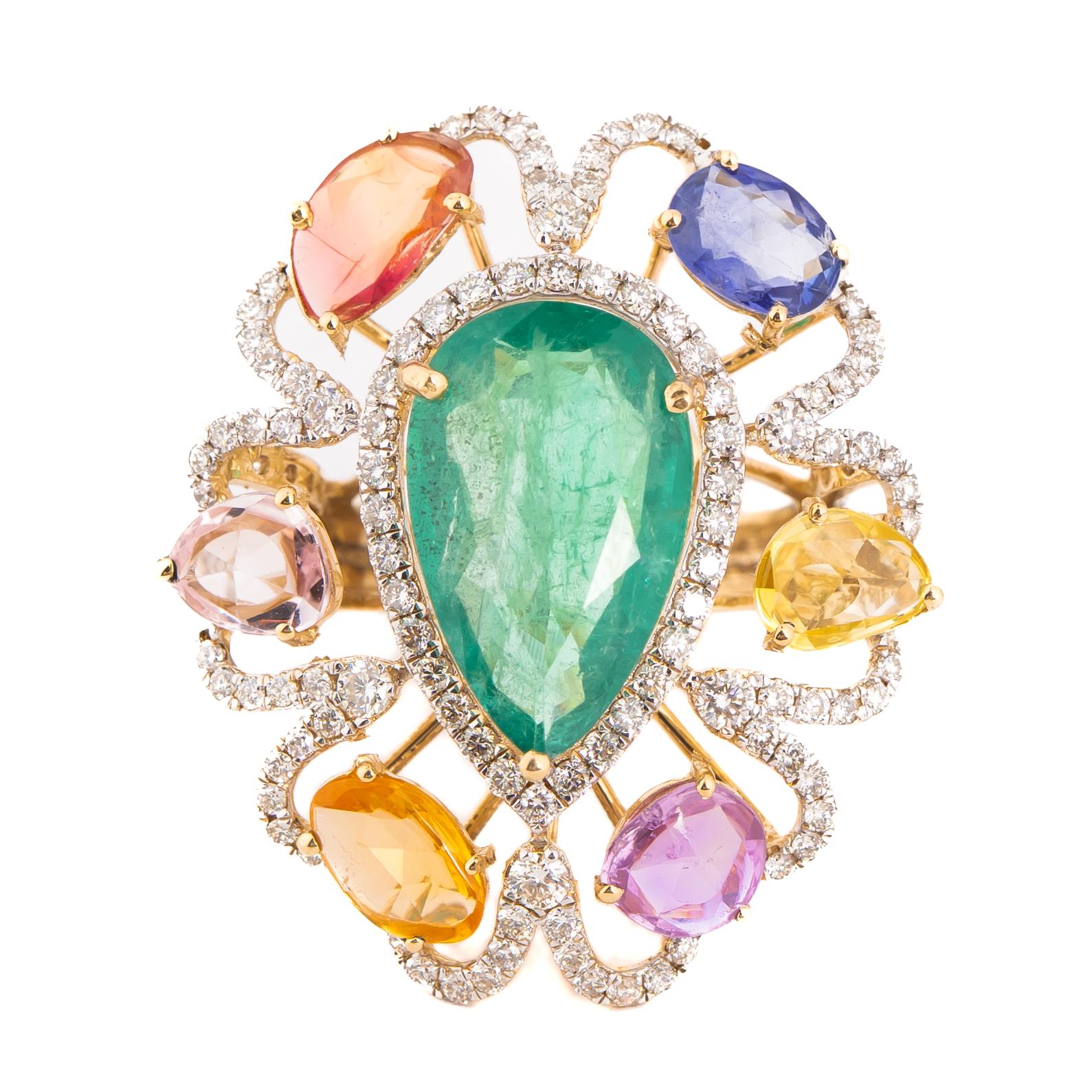 Natural Emerald & Multi sapphire & diamond Ring in 14k gold For Sale 1