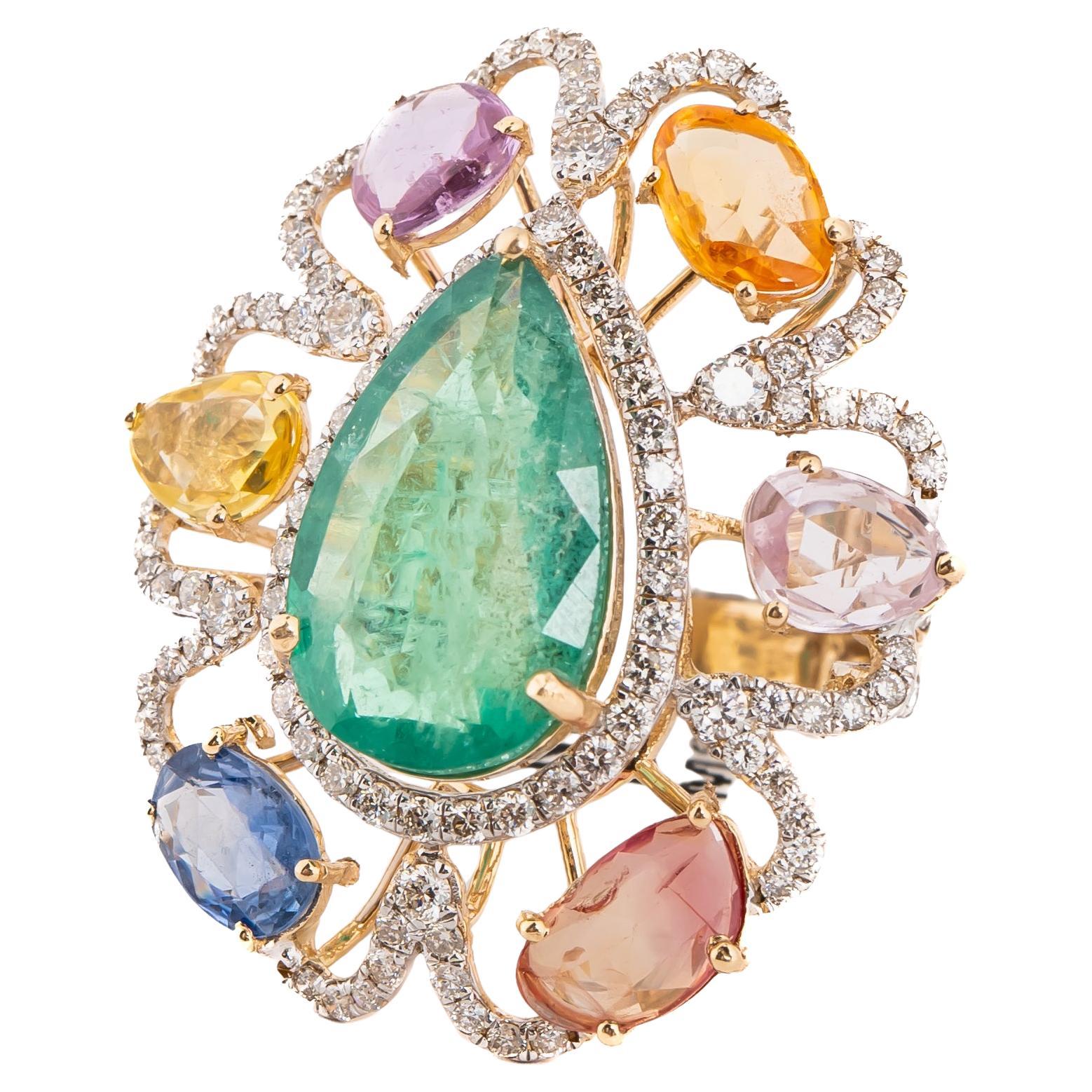 Natural Emerald & Multi sapphire & diamond Ring in 14k gold